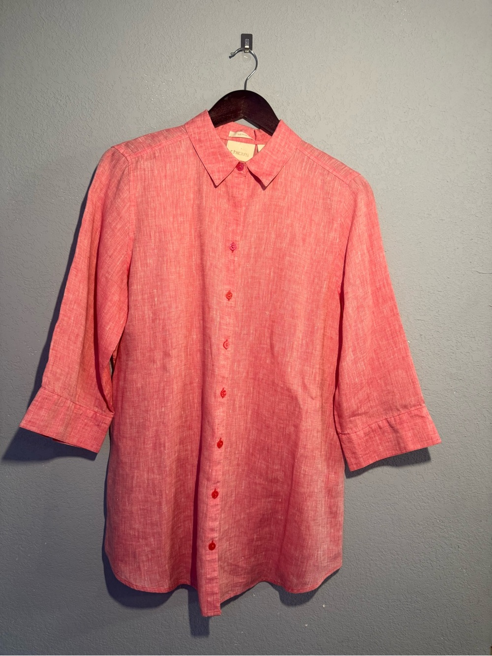 Chicos No Iron Linen Button Down Shirt Pink Coral 3/4 Sleeve Size 1‎ M